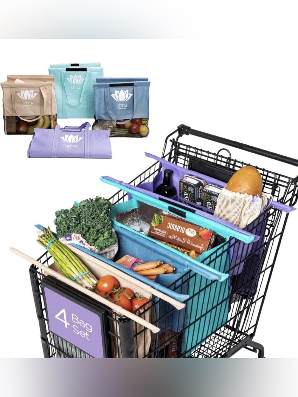 Lotus Trolley Bags Shopping Reusable Grocery Bags SET OF 4 Organize NEW